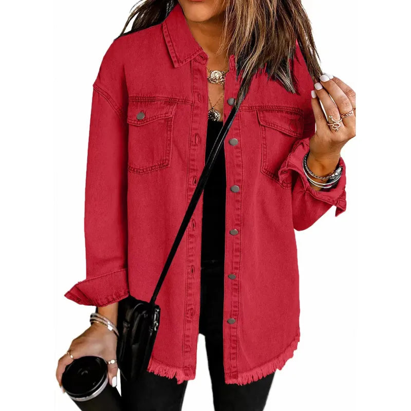 DenimEdge™ Washed Street Style Shirt – Frayed Hem Women’s Coat