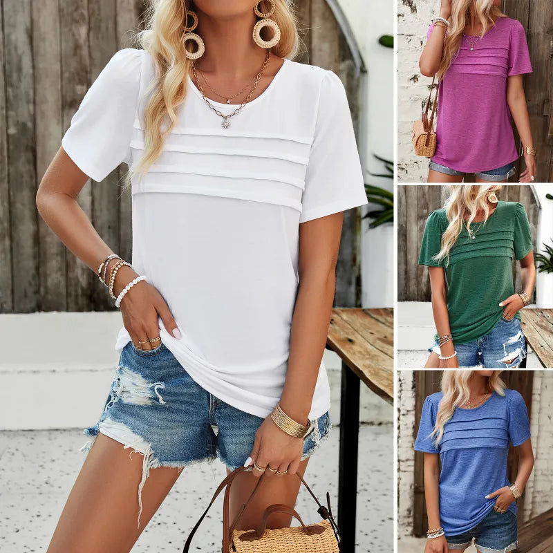 PulloChic™ Women’s Crew Neck Quarter-Sleeve Pullover Top