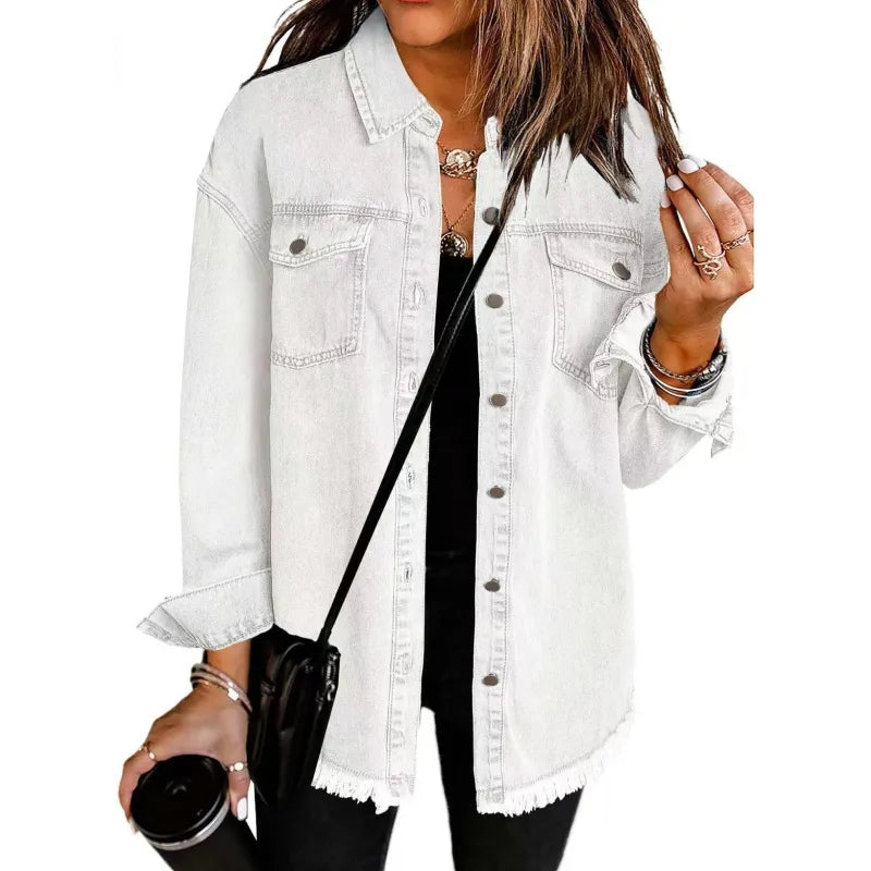 DenimEdge™ Washed Street Style Shirt – Frayed Hem Women’s Coat