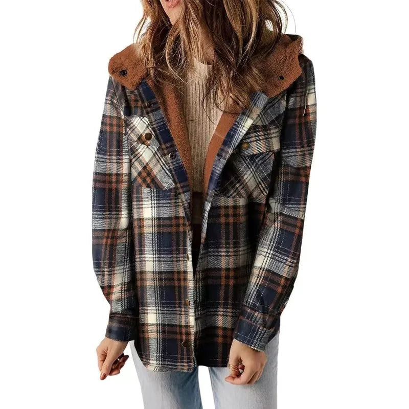PlaidWarm™ Hooded Woolen Coat – Thick Fleece-Lined Casual Jacket
