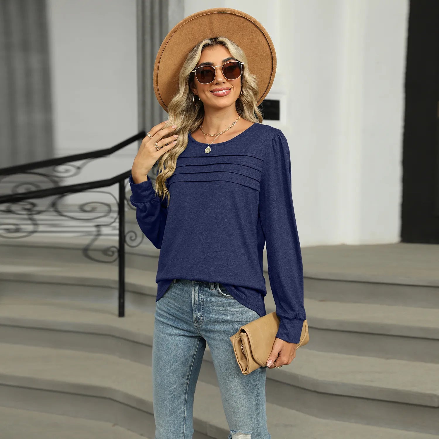 PleaChic™ Women’s U-Neck Pleated Long-Sleeve Top