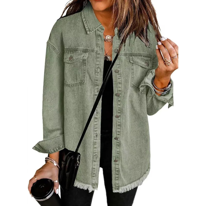 DenimEdge™ Washed Street Style Shirt – Frayed Hem Women’s Coat