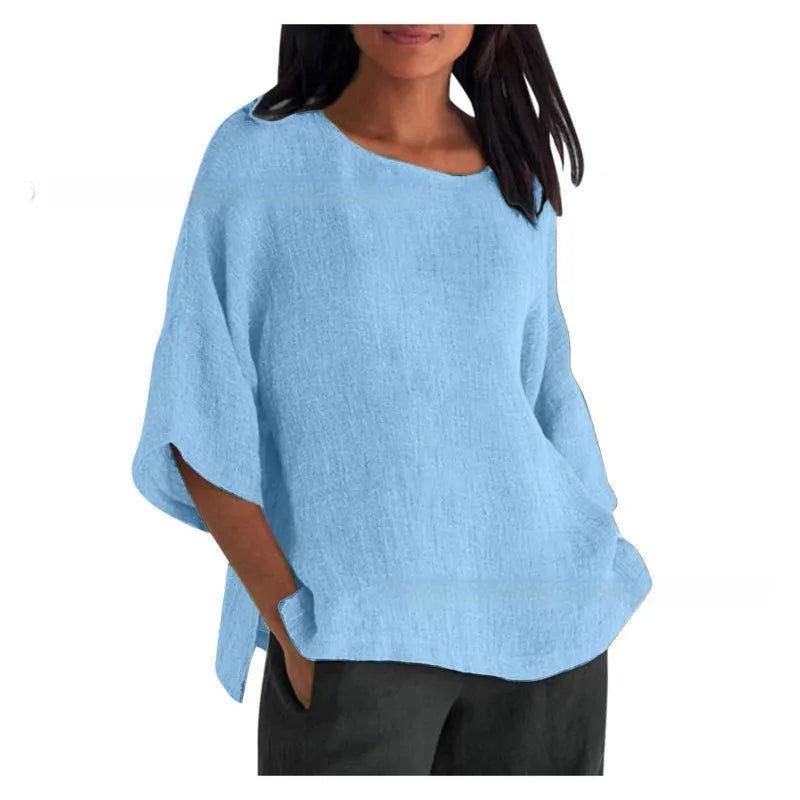LinenEase™ Women’s Cotton & Linen Shirt – Three-Quarter Sleeve Round Neck Top