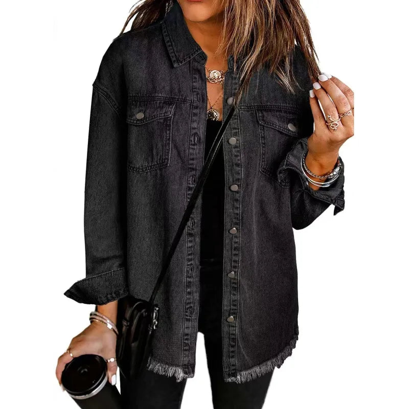 DenimEdge™ Washed Street Style Shirt – Frayed Hem Women’s Coat
