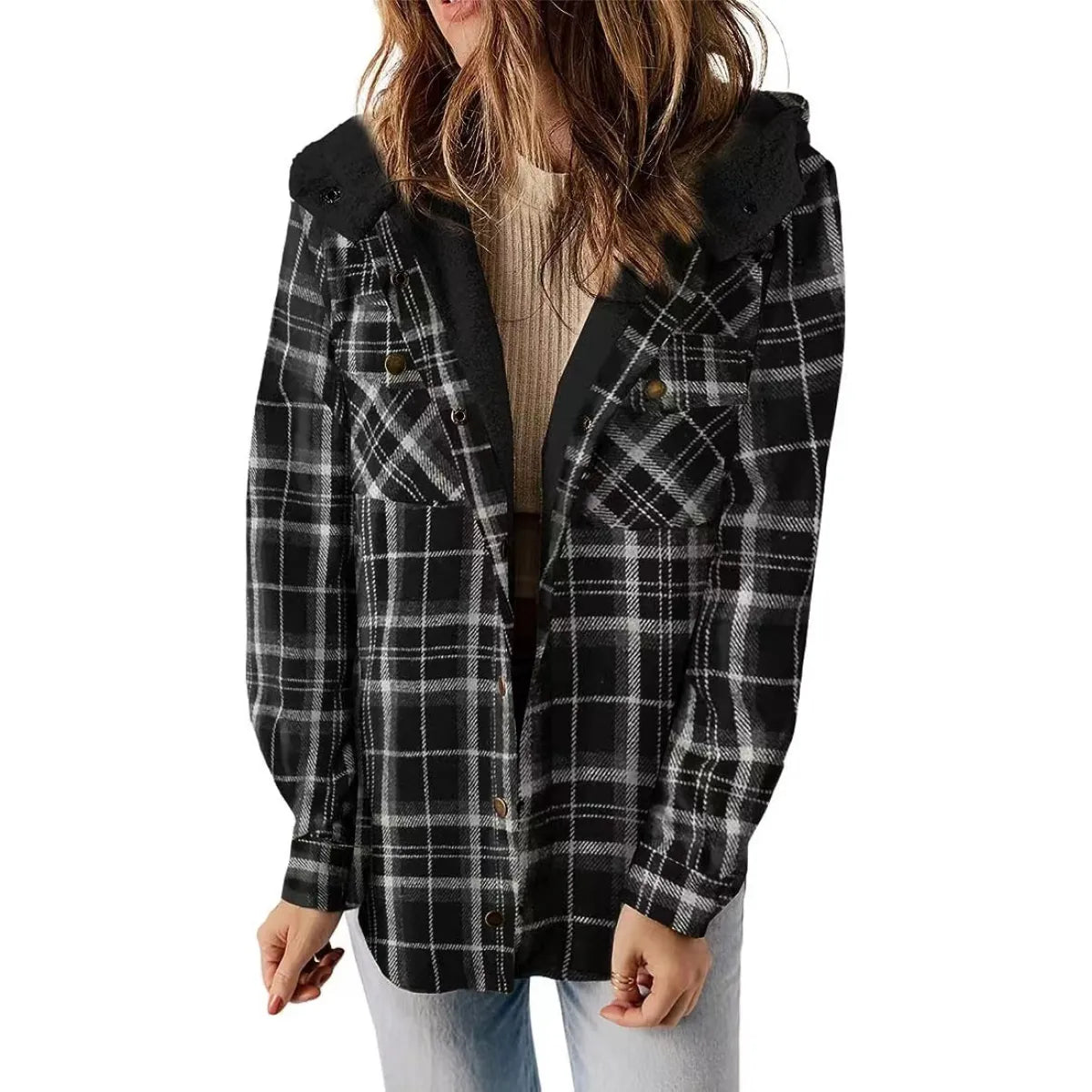 PlaidWarm™ Hooded Woolen Coat – Thick Fleece-Lined Casual Jacket