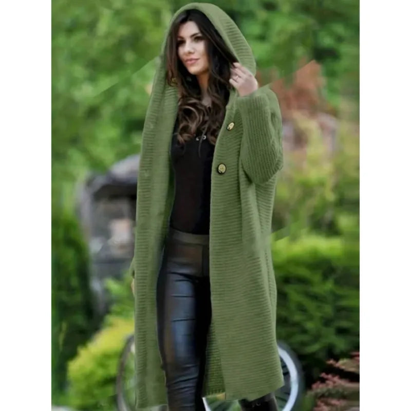HoodEase™ Solid Hooded Button Front Cardigan