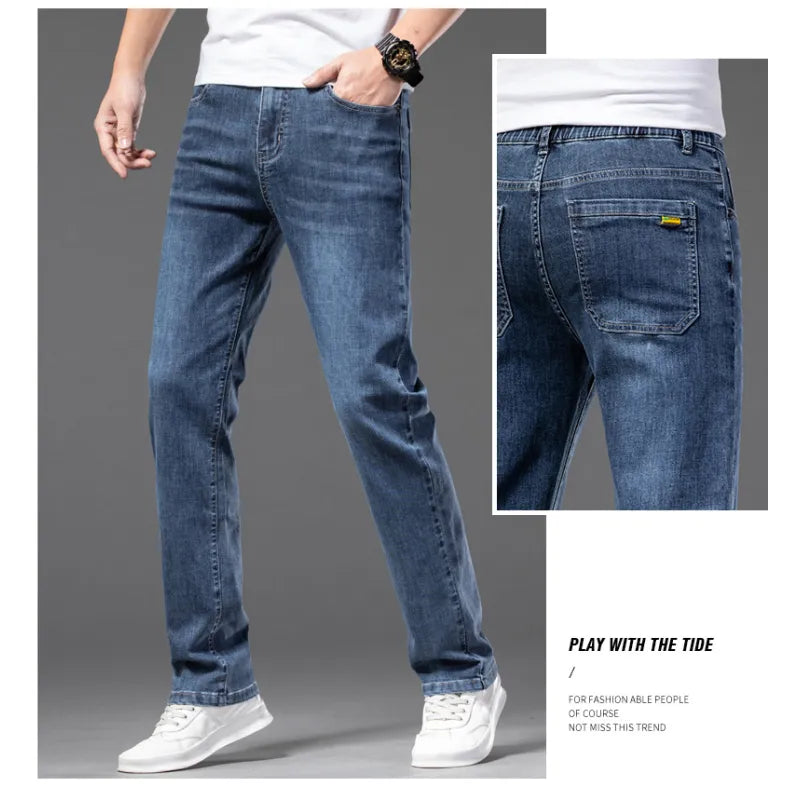 🔥 Men’s Casual Half-Elastic Waist Stretch Denim Trousers – Perfect Fit, Maximum Comfort! 🔥
