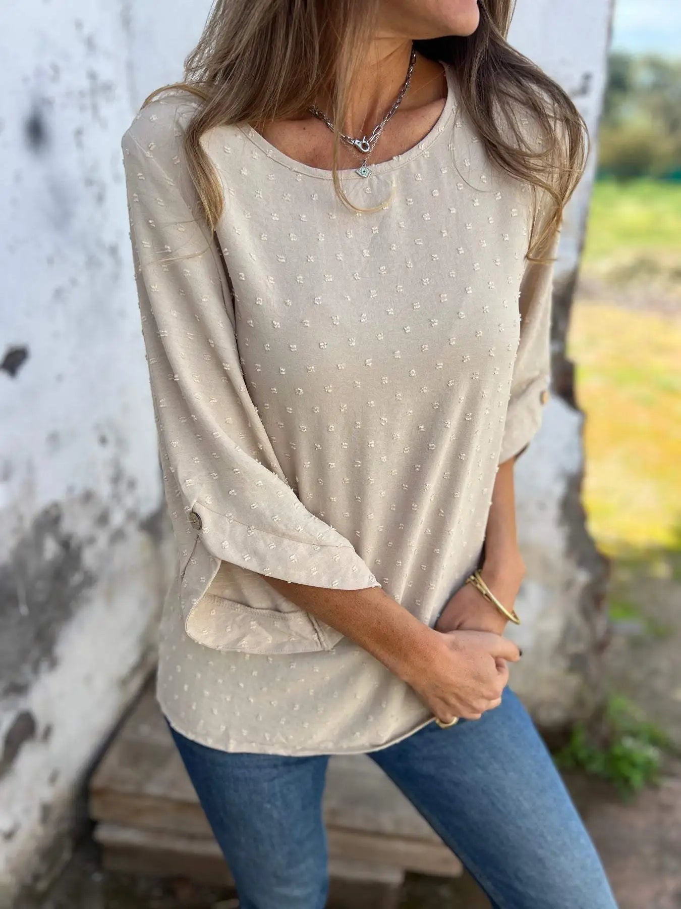 Round Neck Embroidered Large Cuffs Casual Shirt