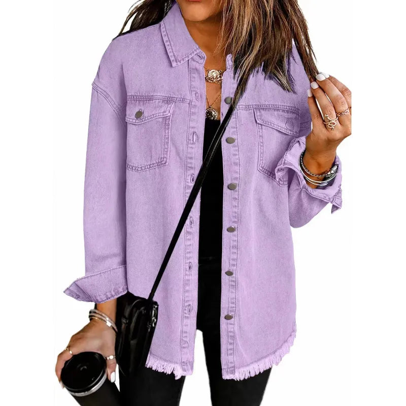 DenimEdge™ Washed Street Style Shirt – Frayed Hem Women’s Coat