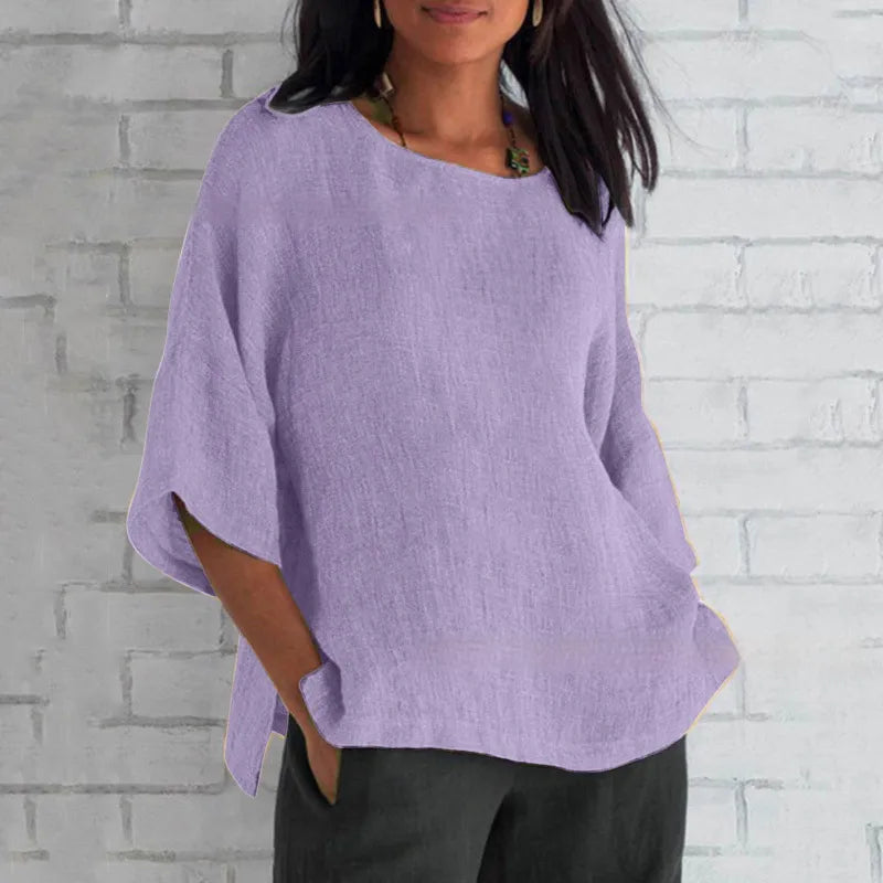 LinenEase™ Women’s Cotton & Linen Shirt – Three-Quarter Sleeve Round Neck Top