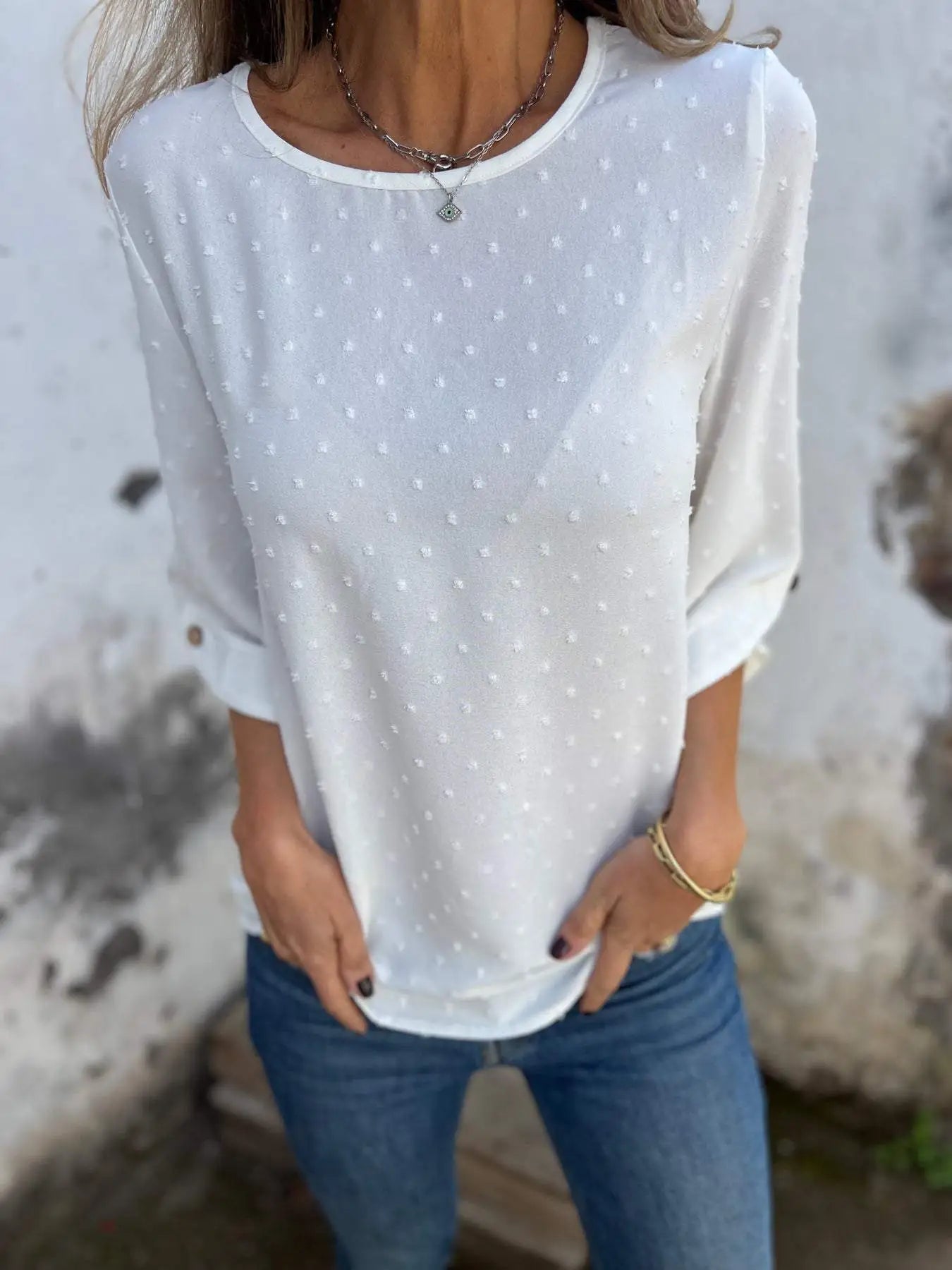 Round Neck Embroidered Large Cuffs Casual Shirt