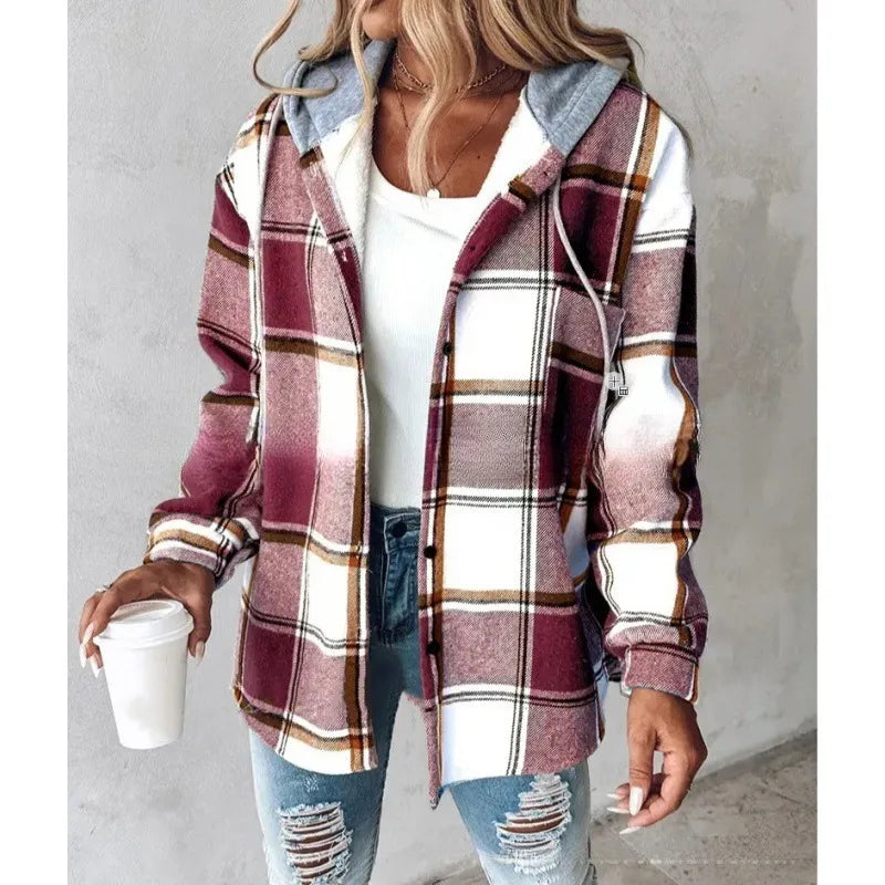 PlaidCharm™ Women’s Hooded Plaid Button Jacket