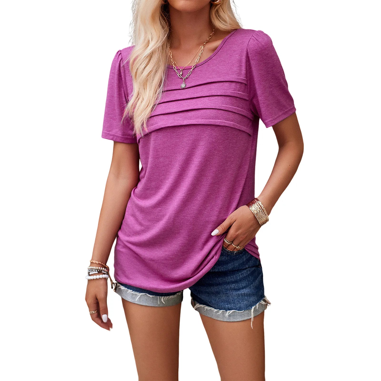 PulloChic™ Women’s Crew Neck Quarter-Sleeve Pullover Top
